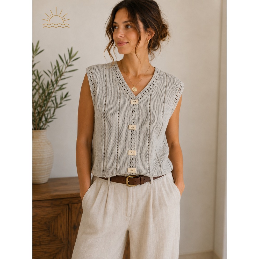 Chunky Knit Cotton Sweater Vest Medium Oat Beige Shell Buttons Cottage Coastal